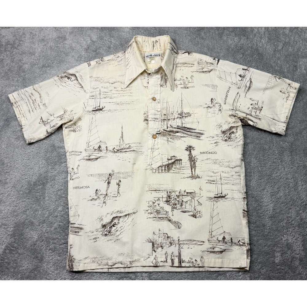 Vintage North Shore‎ Hawaiian Shirt Mens M Ivory Hermosa Redondo Manhattan Beach